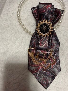 Paisley Silk-Look Tie Necklace with Gold Brooch & Pearl Accent
